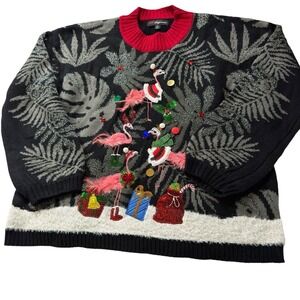 33 Degrees Women Sweater‎  XL Black Ugly Christmas Metallic Flamingo Pullover